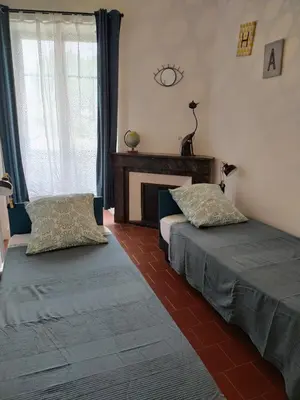 two beds sitting in a room with a fireplace at Le Selamat, Logis XXL au calme avec Terrasse in Carcassonne