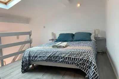 a bedroom with a large bed with blue pillows at Duplex Carcassonne centre in Carcassonne