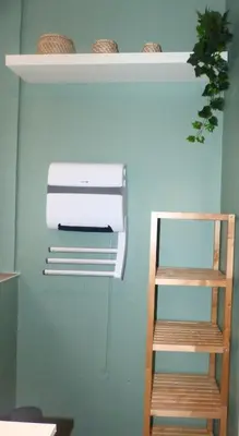 a paper towel dispenser on a green wall with a shelf at Le tout cosy - Wifi - Disney - EvasionPamiers in Pamiers
