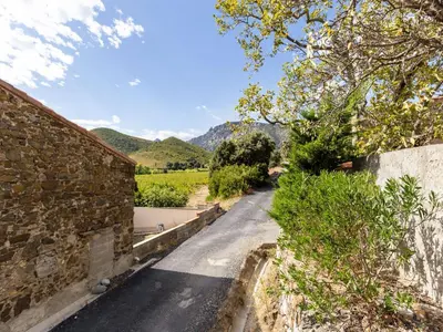 a road next to a stone wall with mountains in the background at Holiday Home in Tautavel near Gorges de Gouleyrous in Tautavel