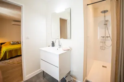 a white bathroom with a sink and a shower at La Maison des Vendangeurs en Ville in Narbonne