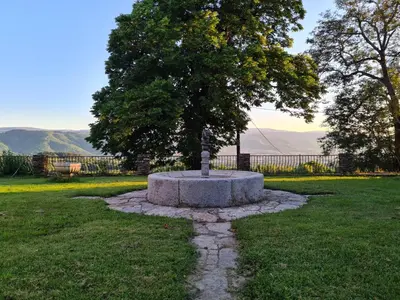a tree sitting on a stone circle in a field at Gîte confortable avec SPA privé et confort moderne in Pont-de-Larn