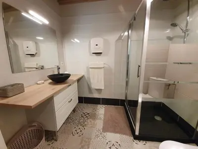 a bathroom with a sink and a glass shower at Gîte confortable avec SPA privé et confort moderne in Pont-de-Larn