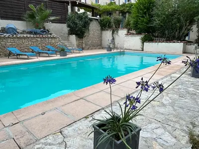 a swimming pool with blue flowers in a yard at L'Ancienne Forge in Villarzel-du-Razès