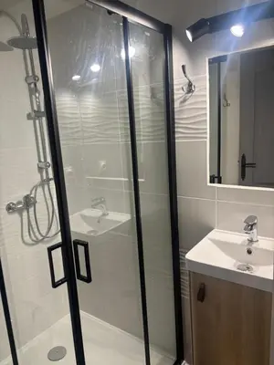 a bathroom with a shower and a sink at LA MAISON DU LAC climatisée et WiFi gd F3 in Port-la-Nouvelle