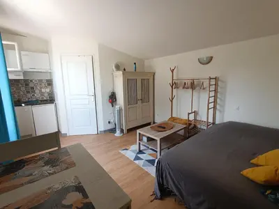 a living room with a bed and a kitchen at Studio indépendant au calme avec parking privatif in Caucalières