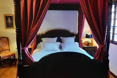 a bedroom with a canopy bed with red curtains at MAISON DE NOSTRADAMUS*** OCCITANIE INSOLITE in Alet-les-Bains