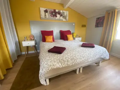 a bedroom with a large bed with red pillows at Chambre privée au calme excellente prestation in Castelnaudary