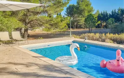 a swimming pool with two inflatable swans in it at Cozy Home In Pouzols-Minervois in Pouzols-Minervois