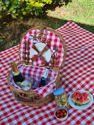 a picnic basket with wine and a plate of fruit at A l'Ecole Buissonnière, chambre d'hôtes en Sidobre in Lacrouzette