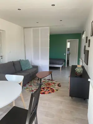 a living room with a couch and a table at Charmant Studio proche Lac et Forêt in Carcassonne