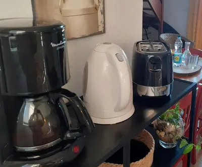 a kitchen counter with a coffee maker and a blender at Gîte du Gua des Brasses au bord du lac de la Raviège in La Salvetat