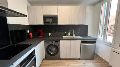 a kitchen with a sink and a washing machine at Appartement Les Halles , Climatisation, Terrasse, Garage in Narbonne