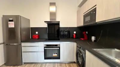 a kitchen with a stove and a sink and a refrigerator at Appartement Les Halles , Climatisation, Terrasse, Garage in Narbonne