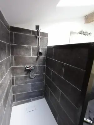 a bathroom with a shower with black tiles at Une perle dans la malepère. in Montréal