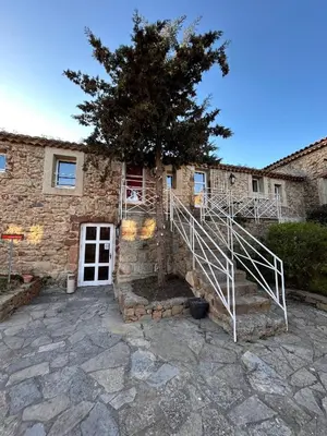 a stone house with a staircase and a tree at Chambres d'hôtes Château de Jonquières in Narbonne