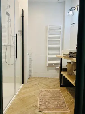 a bathroom with a shower stall and a sink at 102 - Cheminée de la Bastide in Carcassonne
