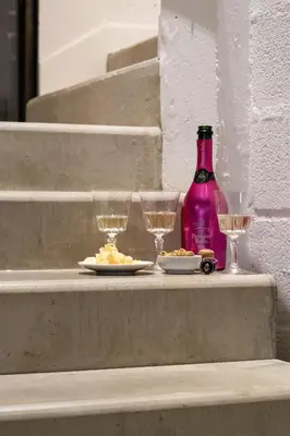 a bottle of wine and two wine glasses on steps at Villa des Cathares in Carcassonne