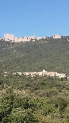 a group of houses on a mountain with trees at La petite étape in Duilhac