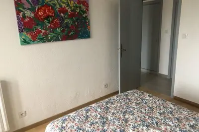a bedroom with a painting on the wall and a bed at Grands Buffets hébergement Appartement Narbonne in Narbonne