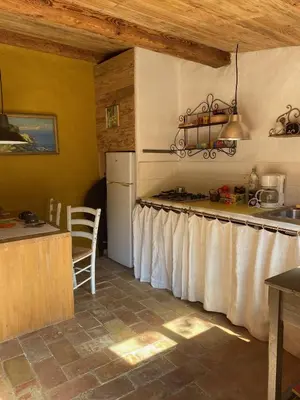 a kitchen with a counter and a stove and a refrigerator at maison dans jardin in Villesèque-des-Corbières