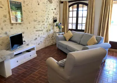 a living room with a couch and a tv at Gîtes de Montcabirol - Malepère in La Bastide-de-Bousignac