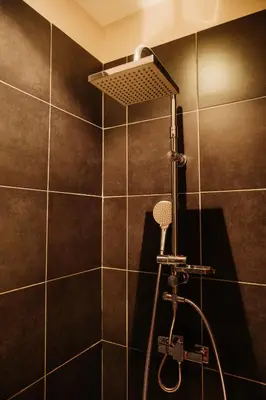 a bathroom with a shower with black tiles at La Maison de Gruissan in Gruissan