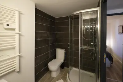 a bathroom with a toilet and a glass shower at Chez Juliette - Appart & Studios - Carcassonne centre in Carcassonne