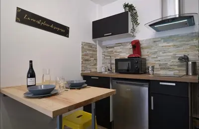 a kitchen with a counter with a sink and a microwave at Chez Juliette - Appart & Studios - Carcassonne centre in Carcassonne