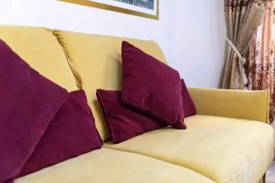 two burgundy pillows sitting on a couch at Studio Romantique Maison de L'église du Couvent in Narbonne