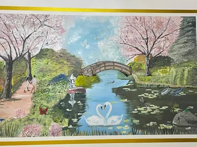 a painting of a bridge and swans in a pond at Studio Romantique Maison de L'église du Couvent in Narbonne