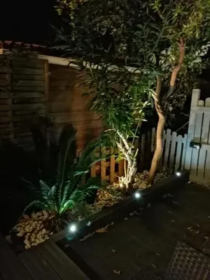 a garden with a fence and a tree with lights at Cocoon'House in Gruissan