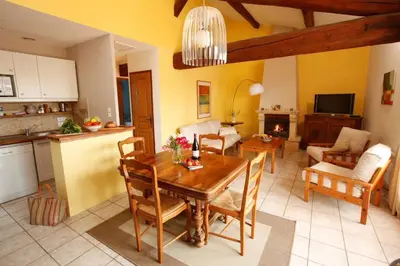 a living room with a wooden table and a kitchen at Château De Massignan in Saint-Marcel