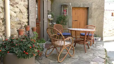 a patio with a table and chairs and flowers at Gîte Roc Suzadou in Ferrals-les-Montagnes