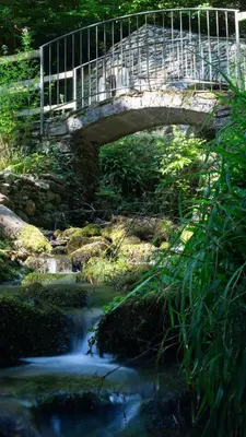 a bridge over a stream with a bridge over a river at Gîte Roc Suzadou in Ferrals-les-Montagnes