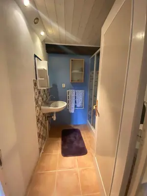 a small bathroom with a sink and a toilet at La Maisonnette D'Agel in Agel