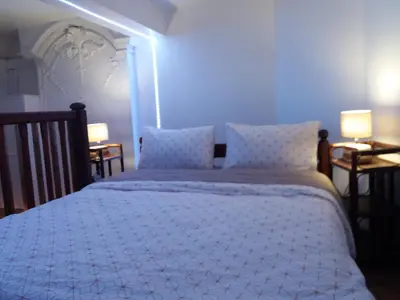 a bedroom with a large bed with a white comforter at Studio la Nuit au Coeur de ville in Limoux