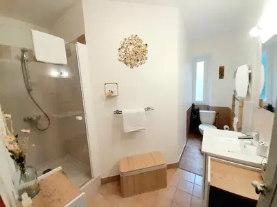 a bathroom with a shower and a sink and a toilet at Villa Saint Léon in Badens