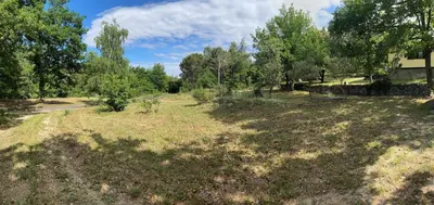 an empty field with trees in the background at RIBES - Chalet Gîte au coeur de la nature in Sournia