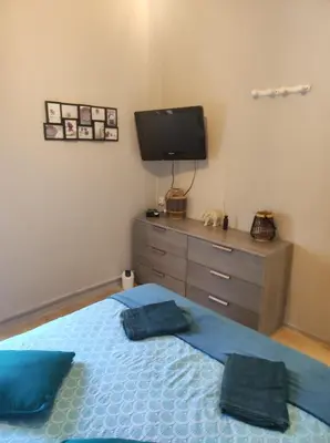 a bedroom with a bed and a tv on a dresser at Chambres d'hôtes Natacha et Franck in Labastide-Rouairoux