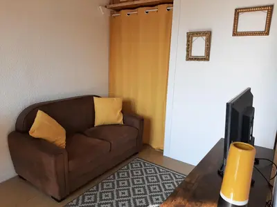 a living room with a brown couch and a tv at Entre port et village in Gruissan