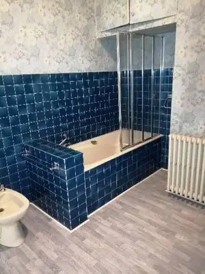 a blue tiled bathroom with a shower and a toilet at MAISON ALBA LA SOURCE in Mazamet