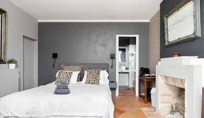 a bedroom with a white bed and a fireplace at La Chapelle aux Acacias in Caucalières
