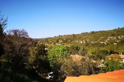 a view of a hill with trees and houses on it at Maison au milieu des vignes in Aigues-Vives