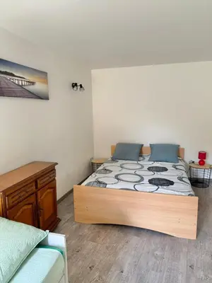 a bedroom with a bed and a dresser in it at Maison au milieu des vignes in Aigues-Vives