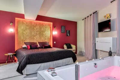 a bedroom with a bed and a bath tub at Les Gîtes de Laure - O Lit Divin, Instant de volupté, BALNEO SAUNA, Climatisation, Netflix, 160m de la Cité Médiévale in Carcassonne