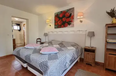 a kitchen with white cabinets and black counter tops at Le Bariole, luxury villa with heated pool in Cesseras