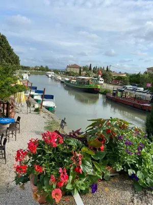 a river with flowers and boats in the water at Blue Diamond Room in Salles-dʼAude