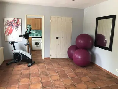 a room with a gym with balloons and a treadmill at Mille Fleurs in Castres