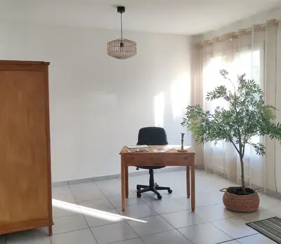 an office with a desk and a chair and a plant at LE CELESTHYM - SPA Privatif in Conques-sur-Orbiel